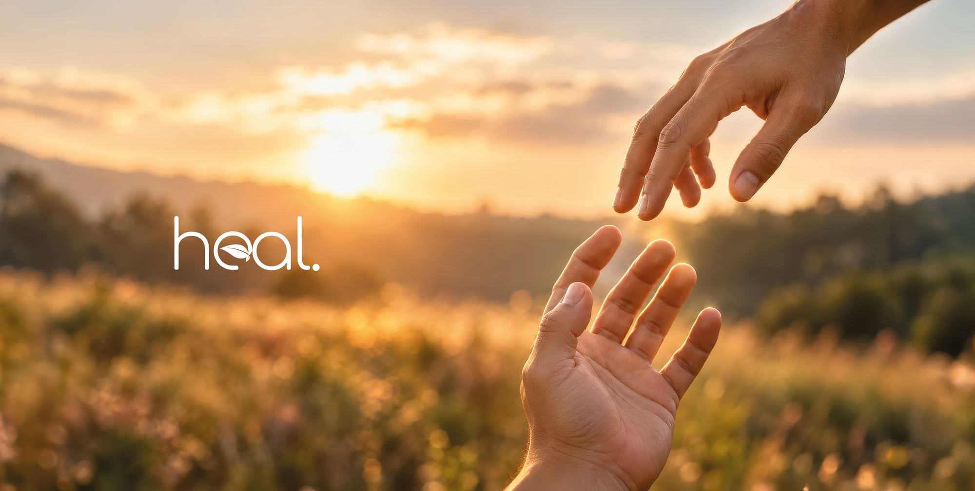 The heal. logo over a sunrise meadow with two hands reaching toward each other