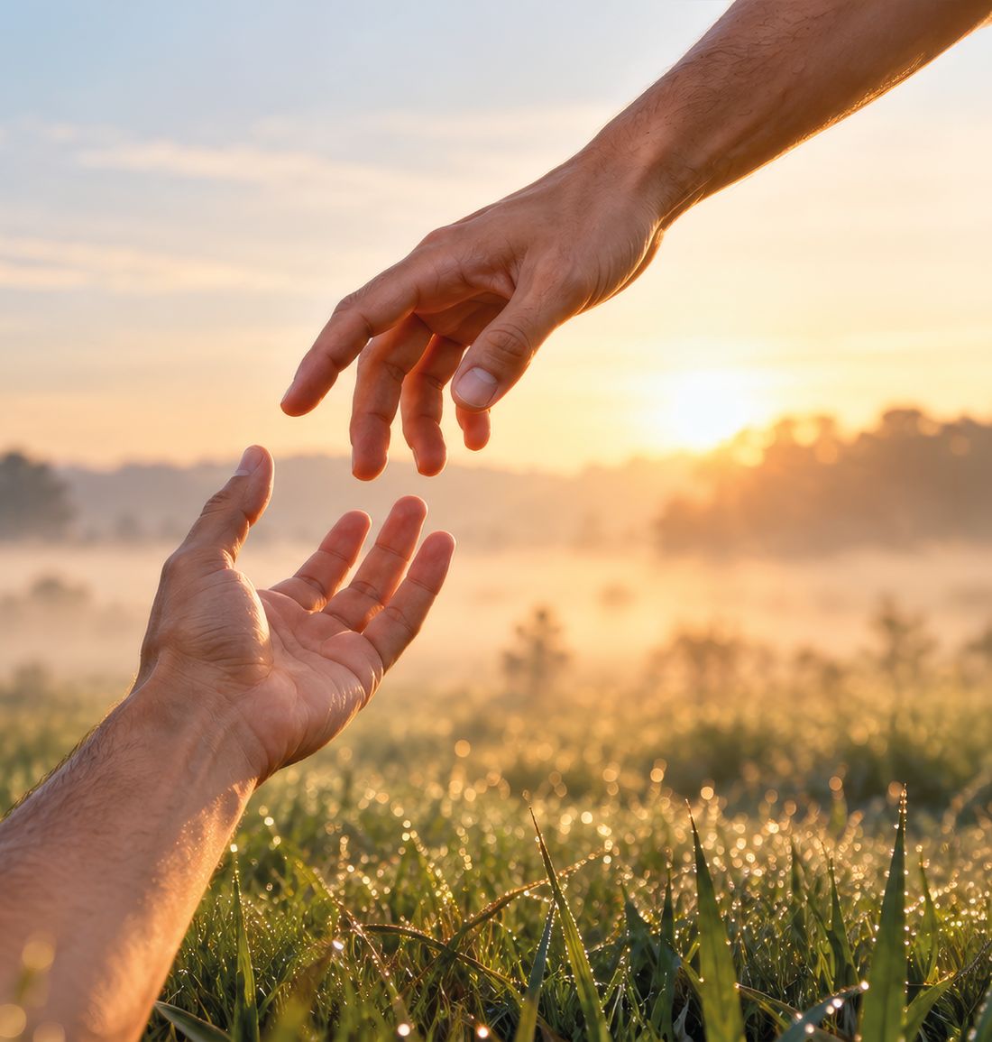 Two hands reaching toward each other over a misty meadow at sunrise